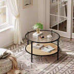 Table basse ronde en rotin avec plateau en verre et 2 niveaux de rangement, petite table d'appoint circulaire de style ferme moderne pour le salon