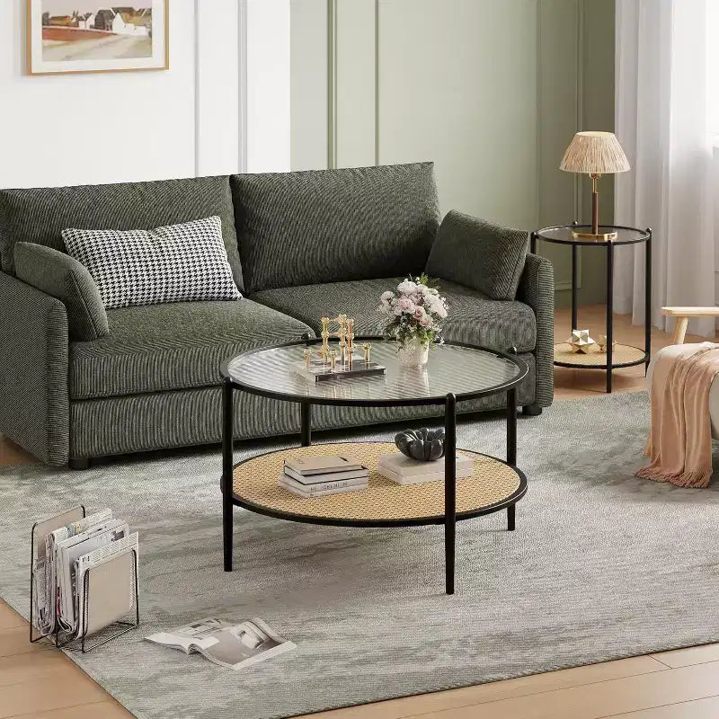 Table basse ronde en rotin avec plateau en verre et 2 niveaux de rangement, petite table d'appoint circulaire de style ferme moderne pour le salon