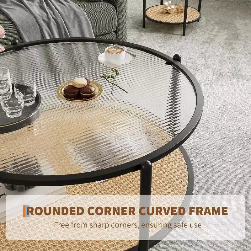 Table basse ronde en rotin avec plateau en verre et 2 niveaux de rangement, petite table d'appoint circulaire de style ferme moderne pour le salon