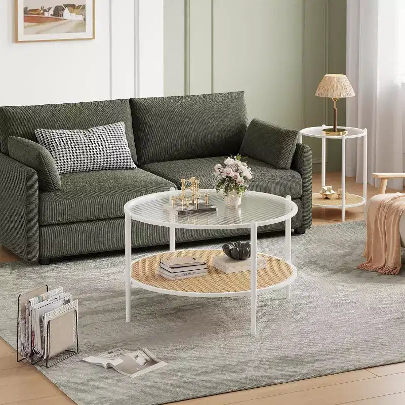 Table basse ronde en rotin avec plateau en verre et 2 niveaux de rangement, petite table d'appoint circulaire de style ferme moderne pour le salon