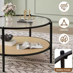 Table basse ronde en rotin avec plateau en verre et 2 niveaux de rangement, petite table d'appoint circulaire de style ferme moderne pour le salon
