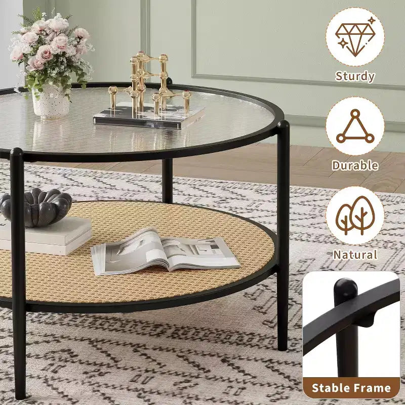 Table basse ronde en rotin avec plateau en verre et 2 niveaux de rangement, petite table d'appoint circulaire de style ferme moderne pour le salon