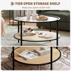 Table basse ronde en rotin avec plateau en verre et 2 niveaux de rangement, petite table d'appoint circulaire de style ferme moderne pour le salon