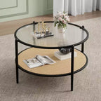 Rattan Round Coffee Table with Glass Top and 2-Tier Storage, Modern Farmhouse Small Circular End Table for Living Room
