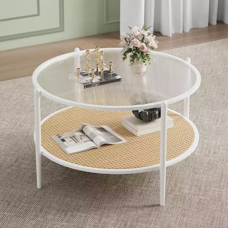 Table basse ronde en rotin avec plateau en verre et 2 niveaux de rangement, petite table d'appoint circulaire de style ferme moderne pour le salon