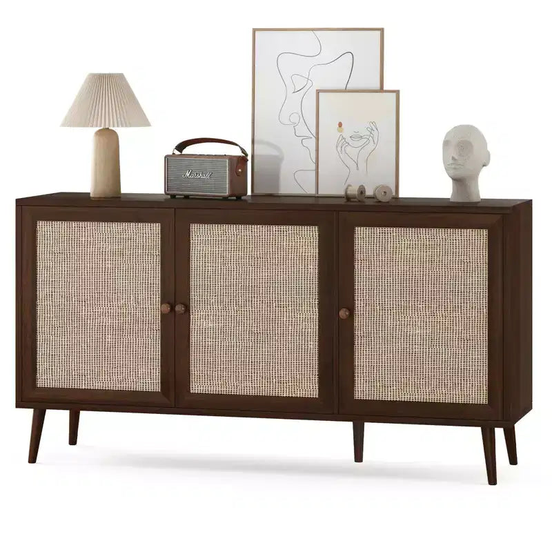 Okak Modern Sideboard Cabinet with 3 Rattan Doors, Storage Cabinet with 5 Legs, Kitchen Pantry Cabinet for Living Room, Entryway, Brown