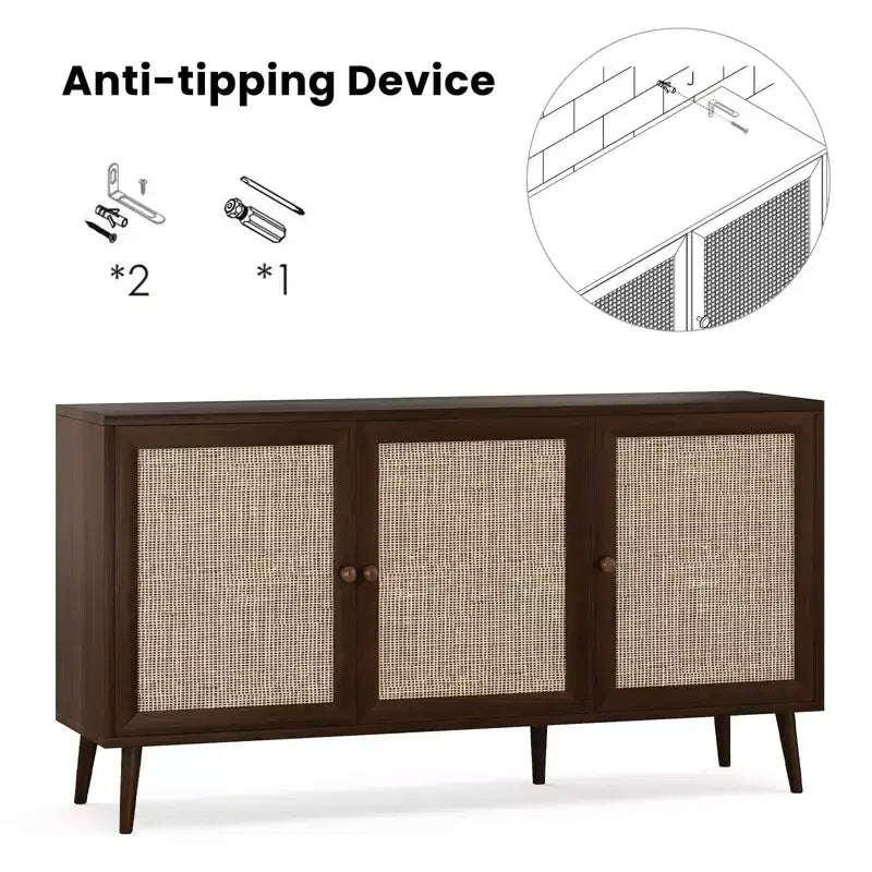 Buffet moderne Okak avec 3 portes en rotin, meuble de rangement à 5 pieds, garde-manger de cuisine pour salon, entrée, marron