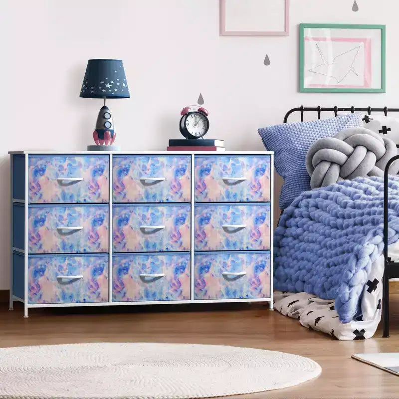Commode Sorbus à 9 tiroirs - Meuble de rangement avec cadre en acier, plateau en bois, bacs en tissu - pour chambre à coucher, placard, bureau et plus encore.