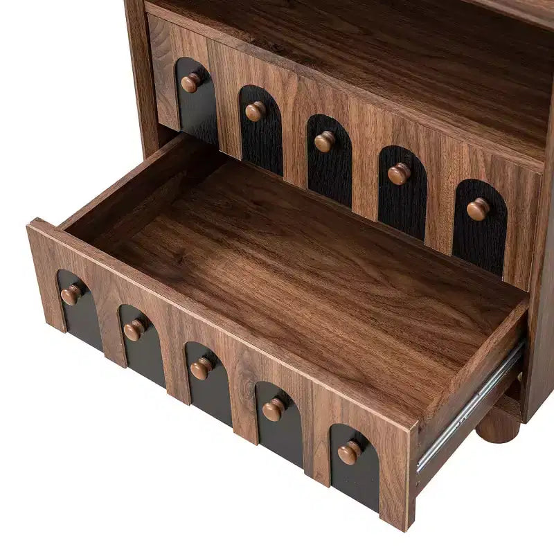 Table de chevet large Mid-Century Modern avec station de recharge, 2 tiroirs et détails arqués, pour chambre ou salon - Panipeachy