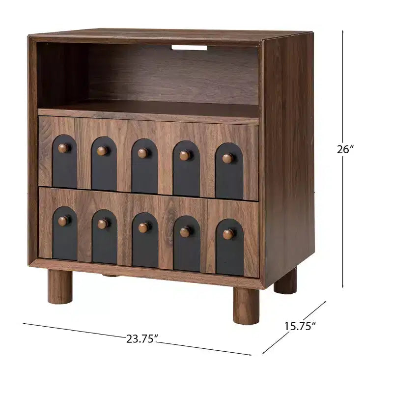 Table de chevet large Mid-Century Modern avec station de recharge, 2 tiroirs et détails arqués, pour chambre ou salon - Panipeachy