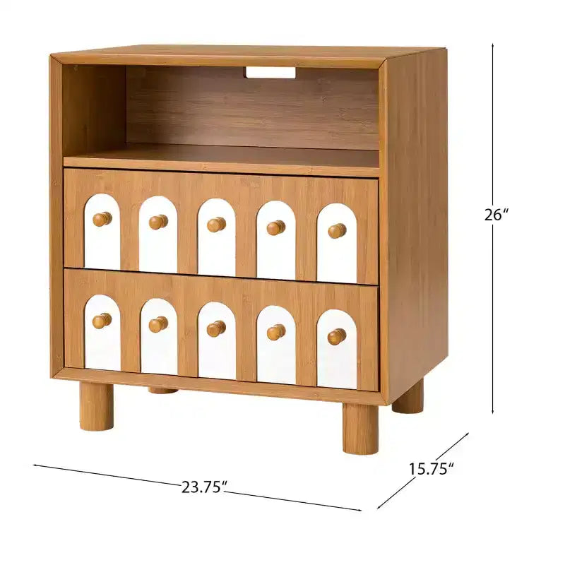 Table de chevet large Mid-Century Modern avec station de recharge, 2 tiroirs et détails arqués, pour chambre ou salon - Panipeachy