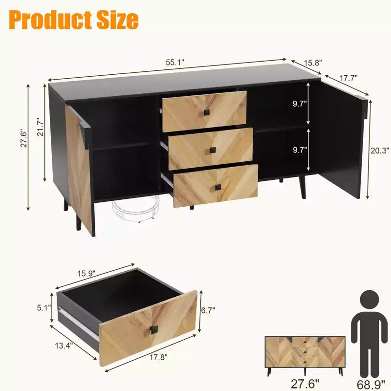 Meuble de rangement en bois de noyer avec 3 tiroirs et 2 portes, 140 cm, meuble d'appoint de rangement contemporain autoportant pour salon, salle à manger