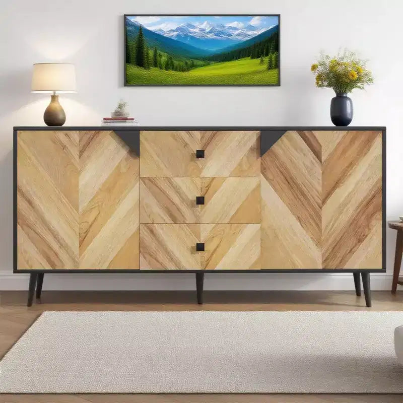 Meuble de rangement en bois de noyer avec 3 tiroirs et 2 portes, 140 cm, meuble d'appoint de rangement contemporain autoportant pour salon, salle à manger