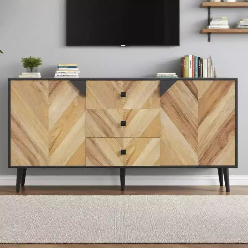Meuble de rangement en bois de noyer avec 3 tiroirs et 2 portes, 140 cm, meuble d'appoint de rangement contemporain autoportant pour salon, salle à manger
