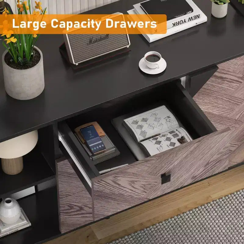Meuble de rangement en bois de noyer avec 3 tiroirs et 2 portes, 140 cm, meuble d'appoint de rangement contemporain autoportant pour salon, salle à manger
