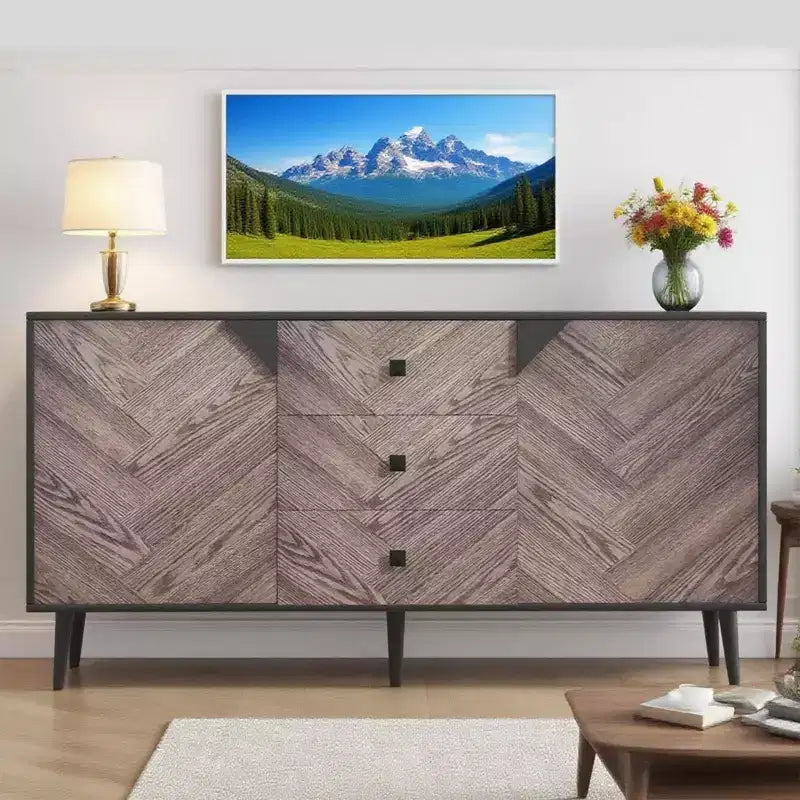 Meuble de rangement en bois de noyer avec 3 tiroirs et 2 portes, 140 cm, meuble d'appoint de rangement contemporain autoportant pour salon, salle à manger
