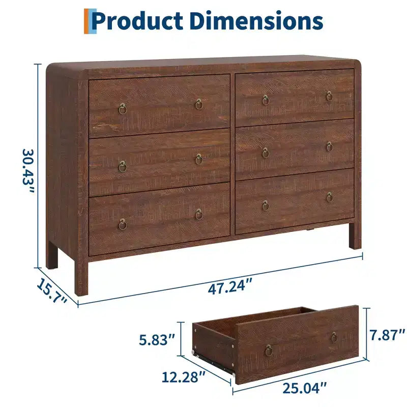Commode en bois à 6 tiroirs, 120 cm de large avec poignées métalliques, Organiseur de rangement pour chambre ou salon