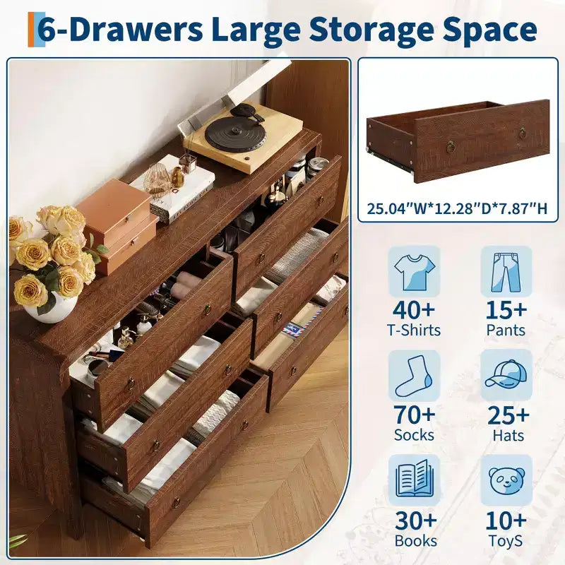 Commode en bois à 6 tiroirs, 120 cm de large avec poignées métalliques, Organiseur de rangement pour chambre ou salon