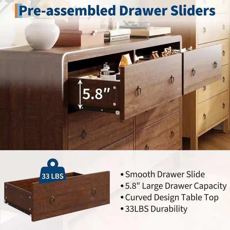 Commode en bois à 6 tiroirs, 120 cm de large avec poignées métalliques, Organiseur de rangement pour chambre ou salon