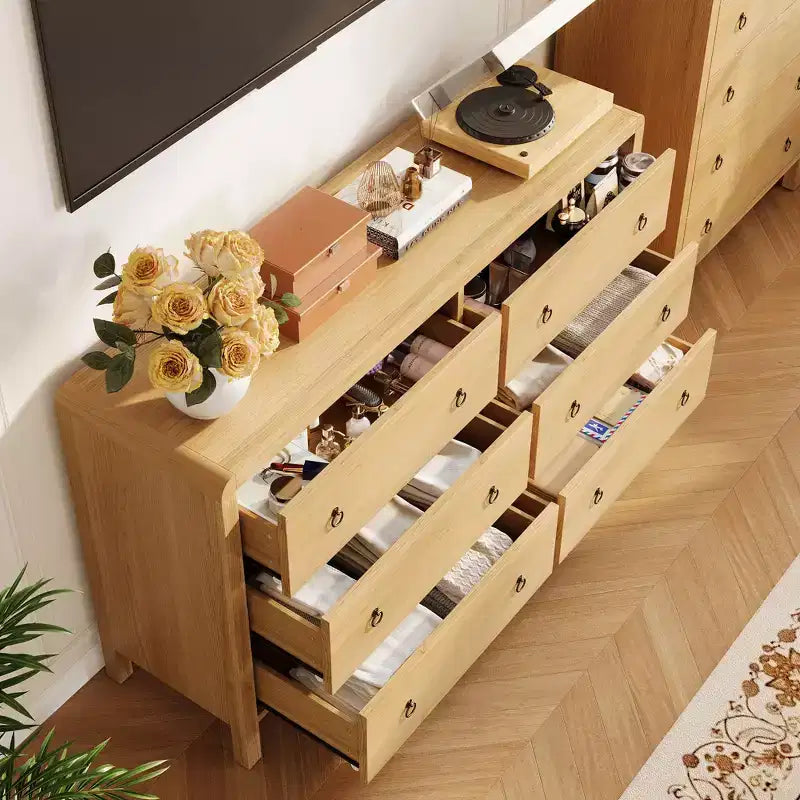 Commode en bois à 6 tiroirs, 120 cm de large avec poignées métalliques, Organiseur de rangement pour chambre ou salon