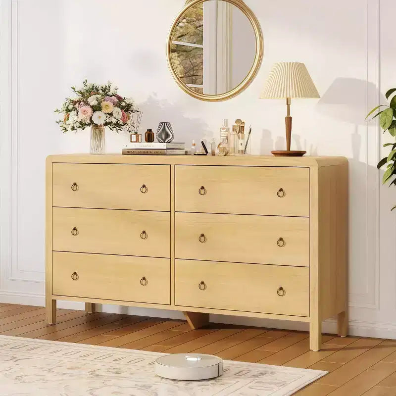 6-Drawer Wood Dresser, 47.2 Wide Chest of Drawers with Metal Handles, Storage Organizer for Bedroom or Living Room