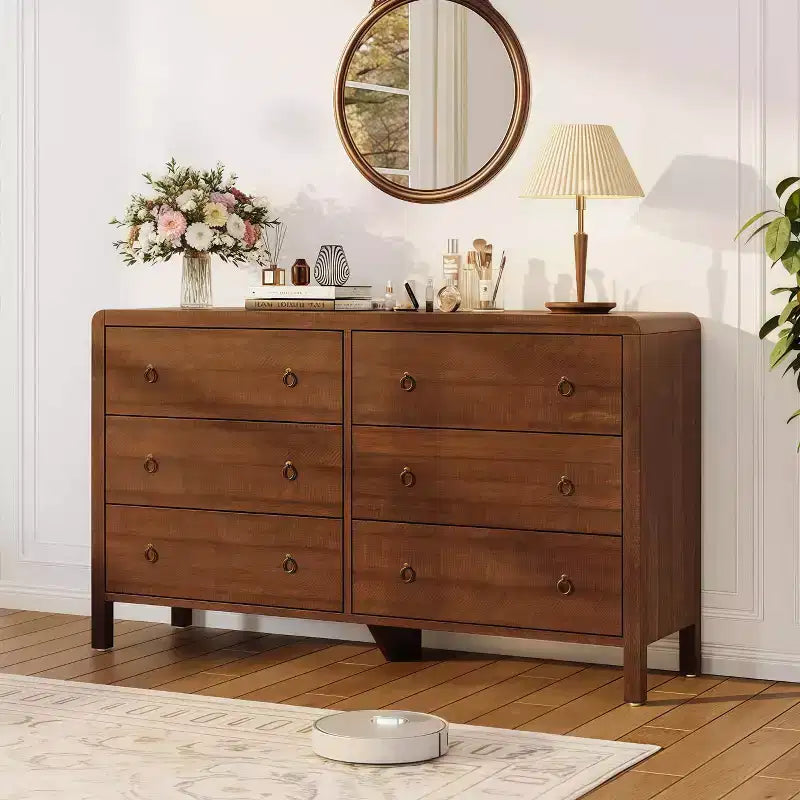 Commode en bois à 6 tiroirs, 120 cm de large avec poignées métalliques, Organiseur de rangement pour chambre ou salon