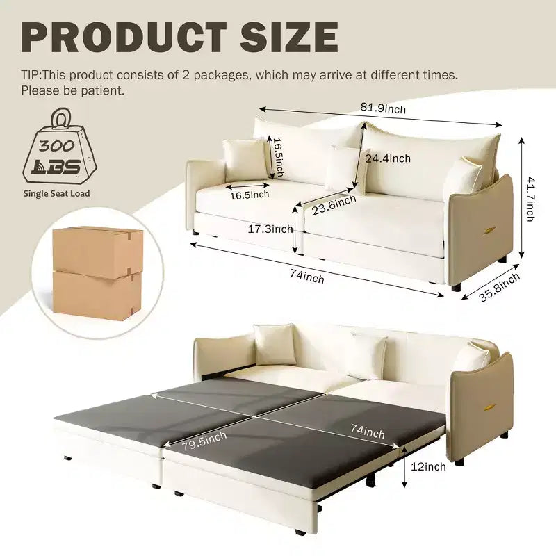 Canapé 3 places moderne en velours Whisen 81.9, Canapé-lit escamotable King Size, Canapé-lit convertible 3-en-1 avec 3 oreillers
