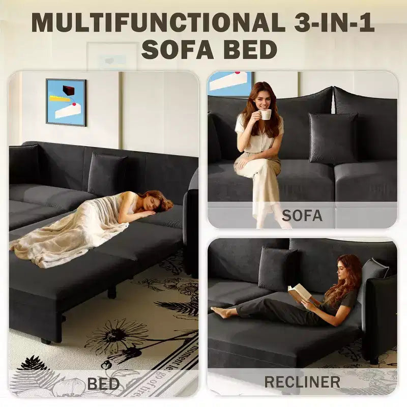 Canapé 3 places moderne en velours Whisen 81.9, Canapé-lit escamotable King Size, Canapé-lit convertible 3-en-1 avec 3 oreillers