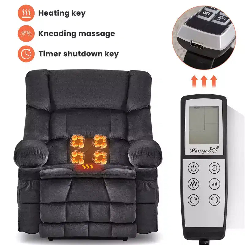 Fauteuil inclinable Clihome Dual Motor Large Power Lift, Fauteuil releveur plat avec massage lombaire et chaleur, Grand fauteuil releveur pour personnes de grande taille, Porte-gobelets