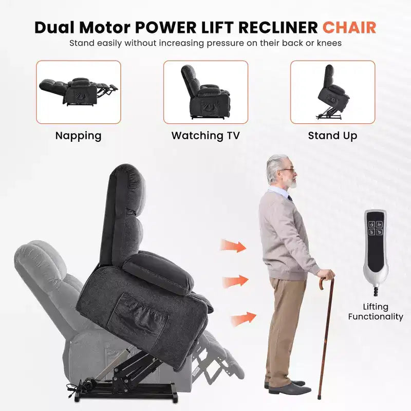 Fauteuil inclinable Clihome Dual Motor Large Power Lift, Fauteuil releveur plat avec massage lombaire et chaleur, Grand fauteuil releveur pour personnes de grande taille, Porte-gobelets