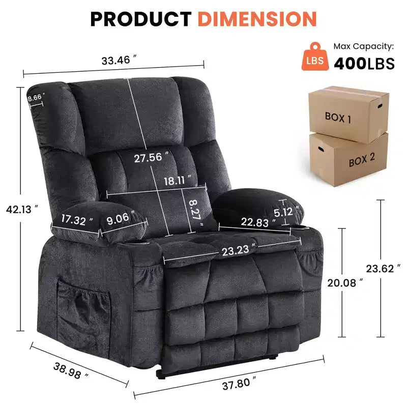 Fauteuil inclinable Clihome Dual Motor Large Power Lift, Fauteuil releveur plat avec massage lombaire et chaleur, Grand fauteuil releveur pour personnes de grande taille, Porte-gobelets