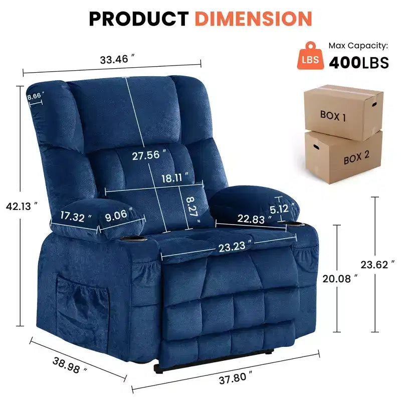 Fauteuil inclinable Clihome Dual Motor Large Power Lift, Fauteuil releveur plat avec massage lombaire et chaleur, Grand fauteuil releveur pour personnes de grande taille, Porte-gobelets