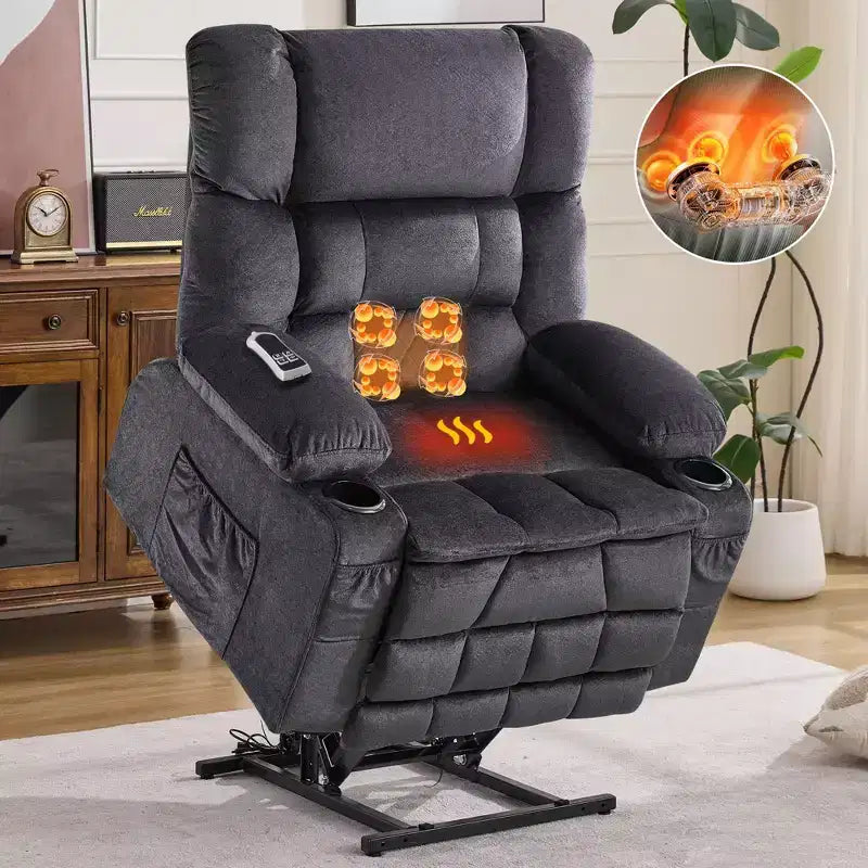 Fauteuil inclinable Clihome Dual Motor Large Power Lift, Fauteuil releveur plat avec massage lombaire et chaleur, Grand fauteuil releveur pour personnes de grande taille, Porte-gobelets