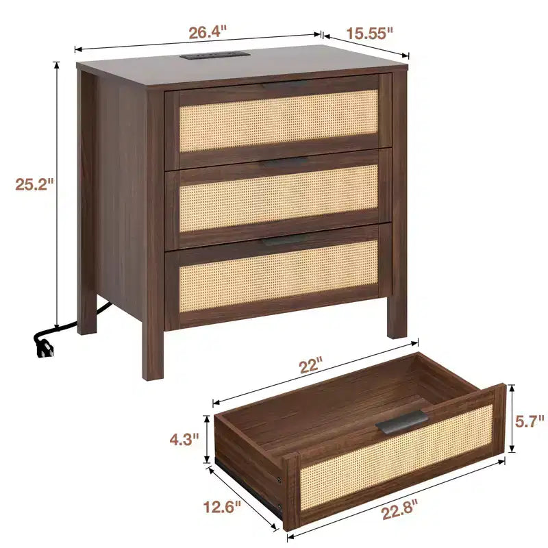 Table de chevet Hommpa Boho en rotin avec station de recharge, table de nuit à 3 tiroirs avec prises USB et AC