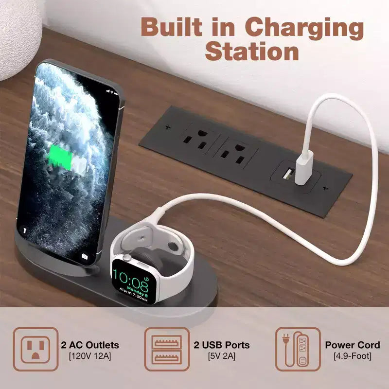 Table de chevet Hommpa Boho en rotin avec station de recharge, table de nuit à 3 tiroirs avec prises USB et AC
