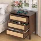 Table de chevet Hommpa Boho en rotin avec station de recharge, table de nuit à 3 tiroirs avec prises USB et AC