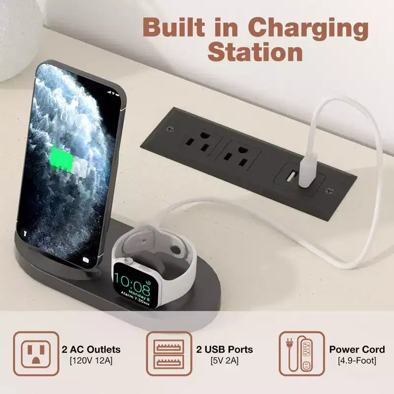 Table de chevet Hommpa Boho en rotin avec station de recharge, table de nuit à 3 tiroirs avec prises USB et AC