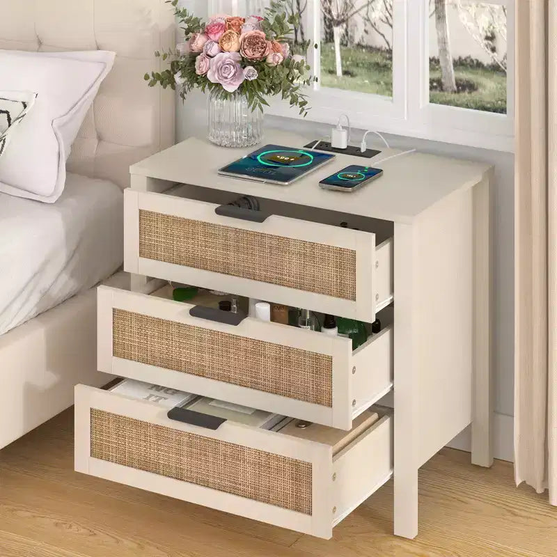 Table de chevet Hommpa Boho en rotin avec station de recharge, table de nuit à 3 tiroirs avec prises USB et AC