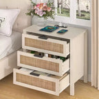 Table de chevet Hommpa Boho en rotin avec station de recharge, table de nuit à 3 tiroirs avec prises USB et AC