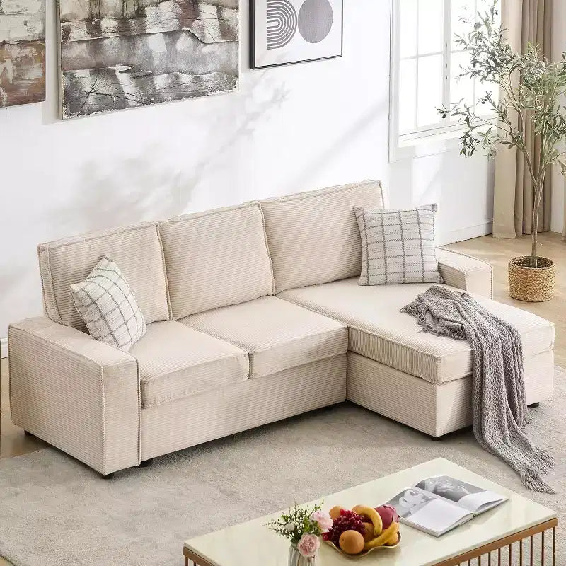 L-Shaped Modular Sectional Sofa, Deep Seated Cloud Couch, Modern Beige Corduroy Couch with Chaise, Convertible Sofa Lounge