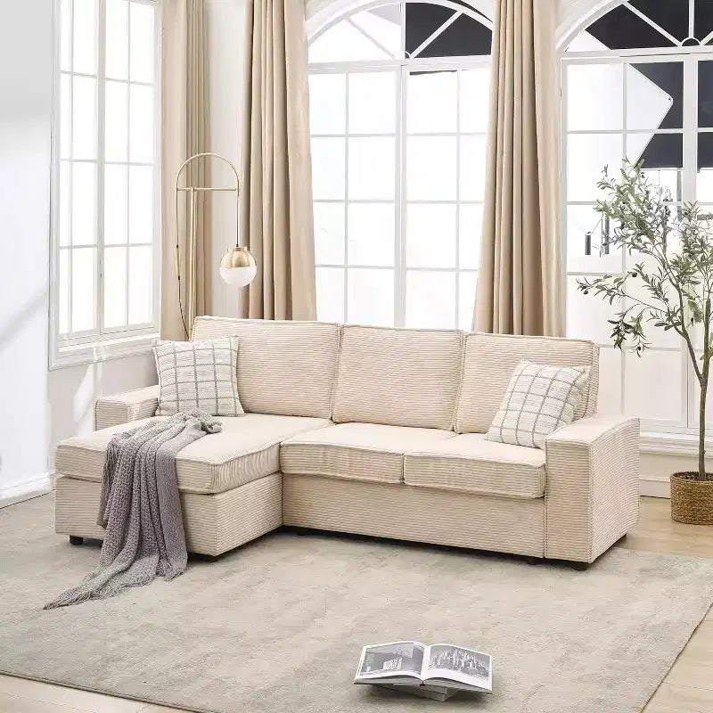 Canapé modulable en forme de L, canapé nuage à assise profonde, canapé moderne en velours côtelé beige avec méridienne, canapé convertible.