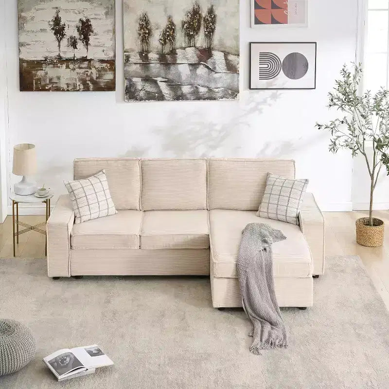 Canapé modulable en forme de L, canapé nuage à assise profonde, canapé moderne en velours côtelé beige avec méridienne, canapé convertible.