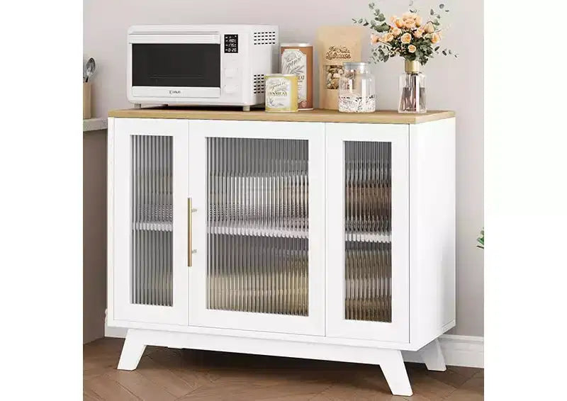 36 Buffet Cabinet, Sideboard Buffet Storage Cabinet with Adjustable Shelves and Fluted Glass Door, Modern Coffee Bar, Table for Kitchen, Dining Room
