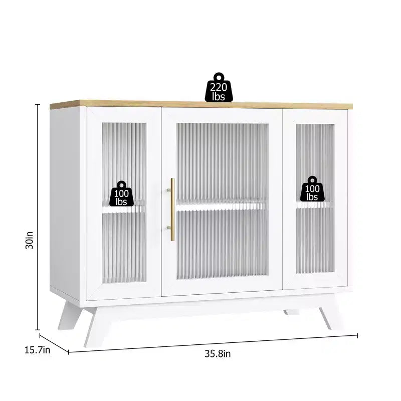 Meuble de rangement, buffet 36 po avec étagères réglables et porte en verre cannelé, bar à café moderne, table pour cuisine, salle à manger