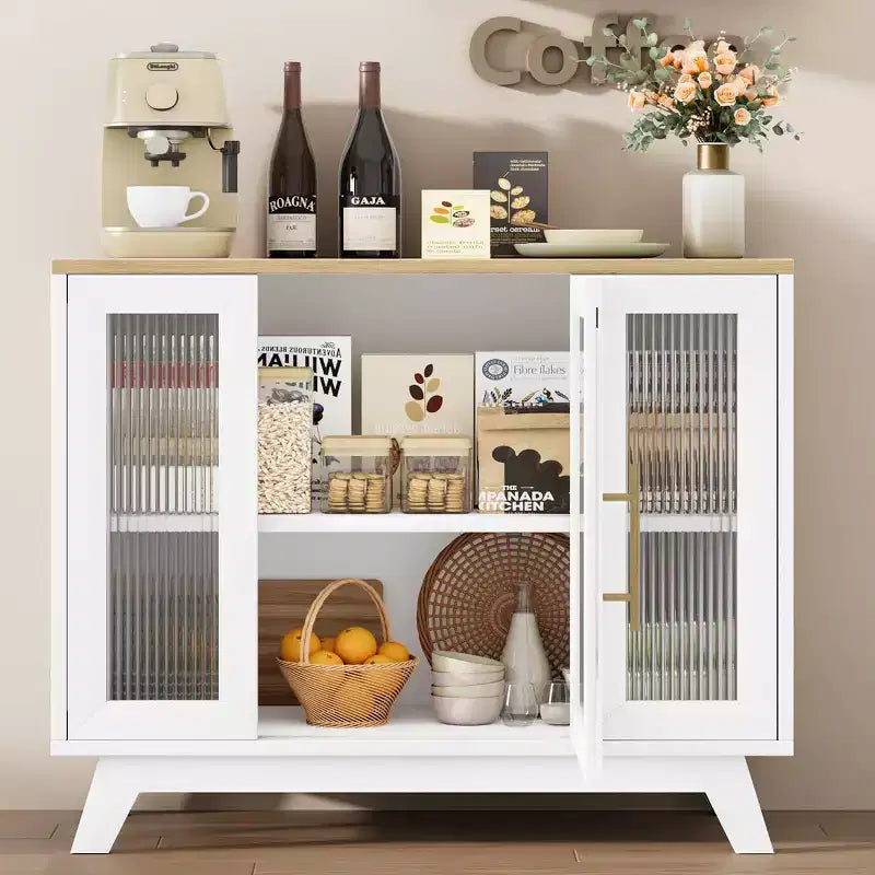 Meuble de rangement, buffet 36 po avec étagères réglables et porte en verre cannelé, bar à café moderne, table pour cuisine, salle à manger