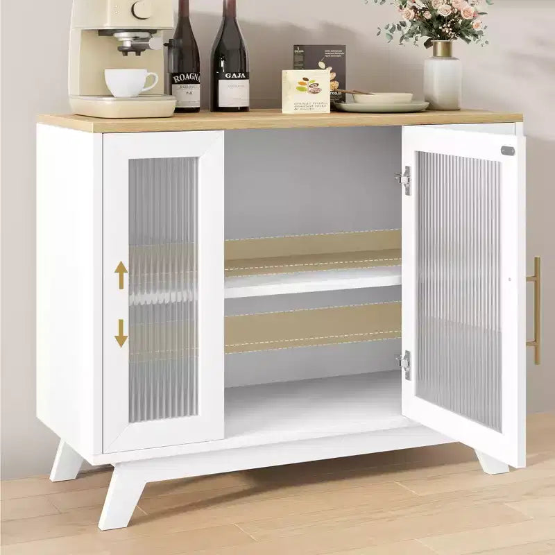 Meuble de rangement, buffet 36 po avec étagères réglables et porte en verre cannelé, bar à café moderne, table pour cuisine, salle à manger