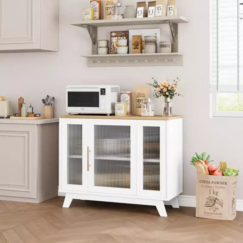 Meuble de rangement, buffet 36 po avec étagères réglables et porte en verre cannelé, bar à café moderne, table pour cuisine, salle à manger