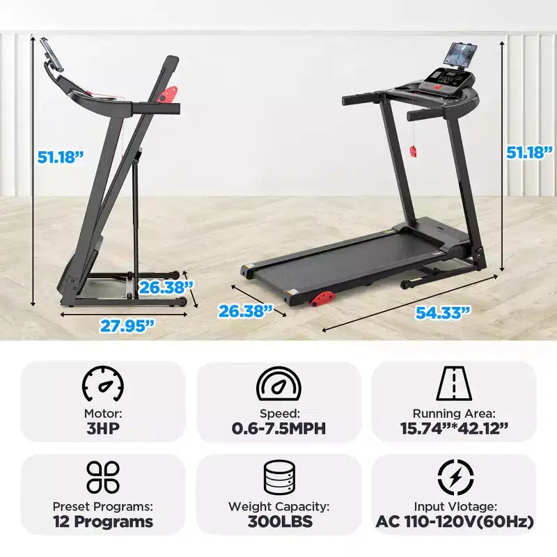 3HP Folding Treadmill w/ Incline for Home, 300LBS Capacity Portable Treadmill, Free Training Classes w/ APP, 71 Program, 7.5MPH for Jogging Walking