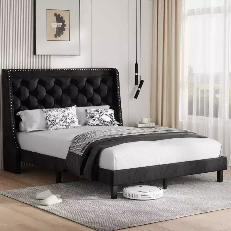Celebalcony Bed Frame with Wingback Headboard, Queen Size Bed Frame with Tufted and Velvet Fabric, Wood Slats Support, No Box Spring Needed, Black