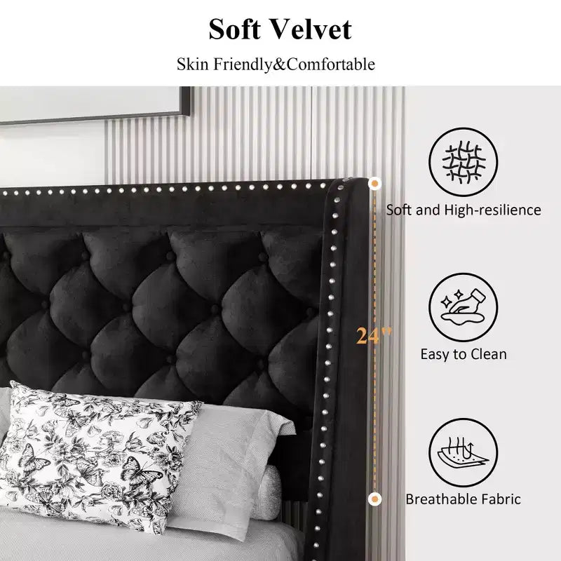 Celebalcony Bed Frame with Wingback Headboard, Queen Size Bed Frame with Tufted and Velvet Fabric, Wood Slats Support, No Box Spring Needed, Black
